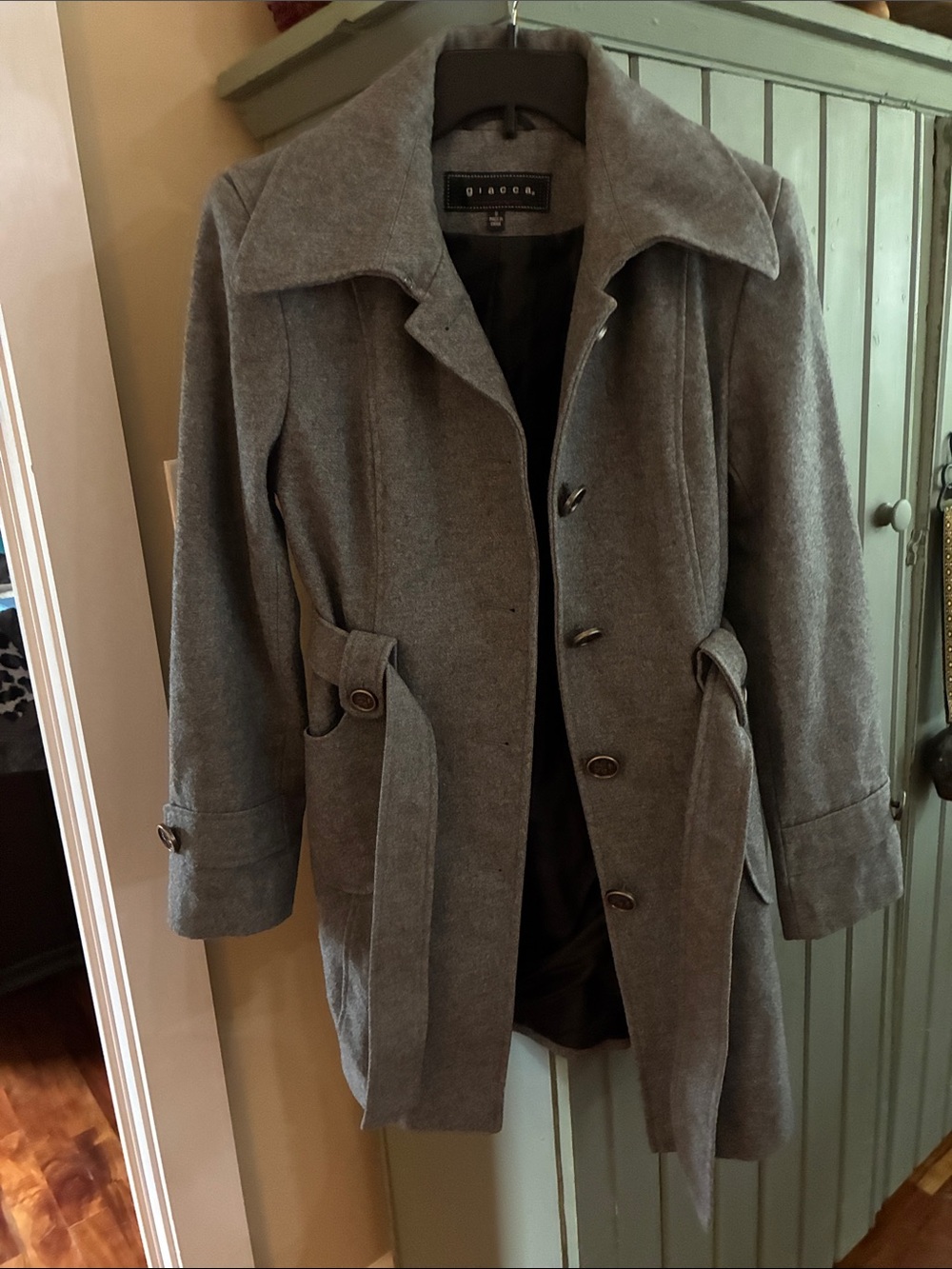 giacca Gray Wool-Blend Trench Coat with Belted Waist